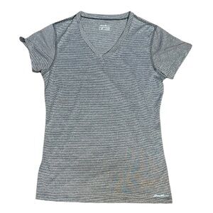 Eddie Bauer Active Gray Striped V-Neck Women's Tee M